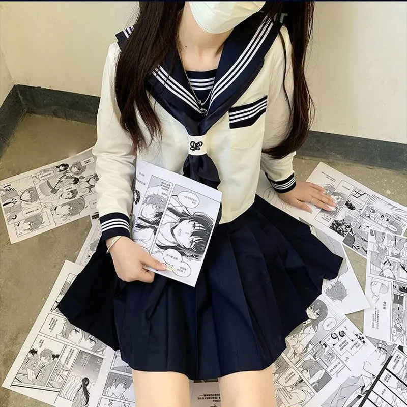 Mulheres do Ensino Médio Azul Marinho Saia Plissada Uniforme, Japão Jk Uniformes, Menina Branco Marinheiro Terno Blusa, Seifuku Cos Estudante