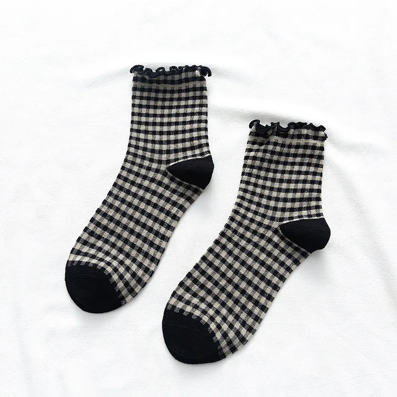 Korean Retro Plaid Lace Mid-tube Socks Girl Fungus Edge Color Lolita Cotton Socks Cute Socks  Socks Woman