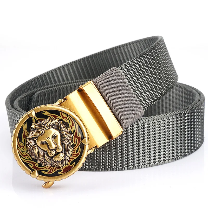 New perforated and toothless alloy automatic buckle tank patterned nylon waist belt for youth outdoor style
