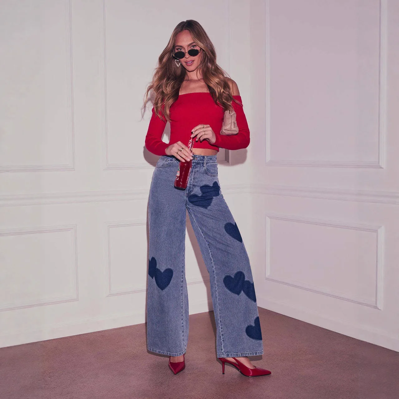 2026 primavera verão estilo coração impressão perna larga jeans vintage lavado solto jeans casuais para mulher