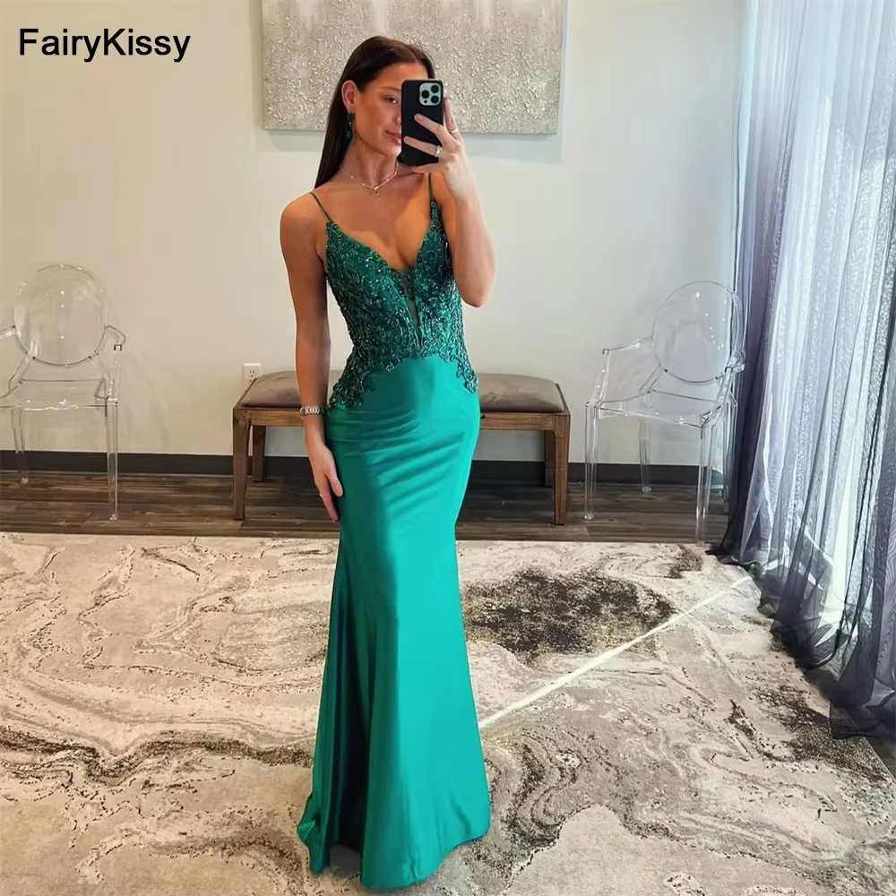 

FairyKissy Sexy Satin Spaghetti Straps V-Neck Mermaid Prom Dresses Lace Appliques Sleeveless Backless Long Formal Evening Gowns