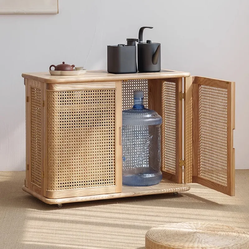 โต๊ะน้ำชาเคลื่อนที่สไตล์นอร์ดิกเรียบง่ายแบบจีนย้อนยุคสำหรับห้องนั่งเล่นในโรงแรม B&B ทำจากไม้จริงและหวาย ดีไซน์สร้างสรรค์