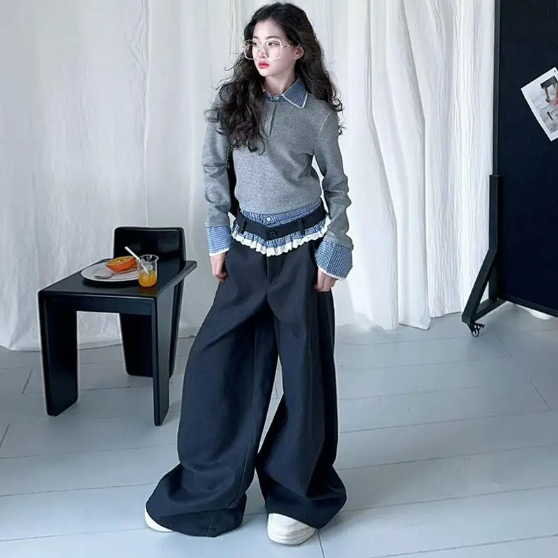 

Kawaii модный пуловер для девочек, комплект со штанами, студенческий осенний повседневный спортивный костюм с героями мультфильмов, широкие брюки, комплект из 2 предметов, детская одежда