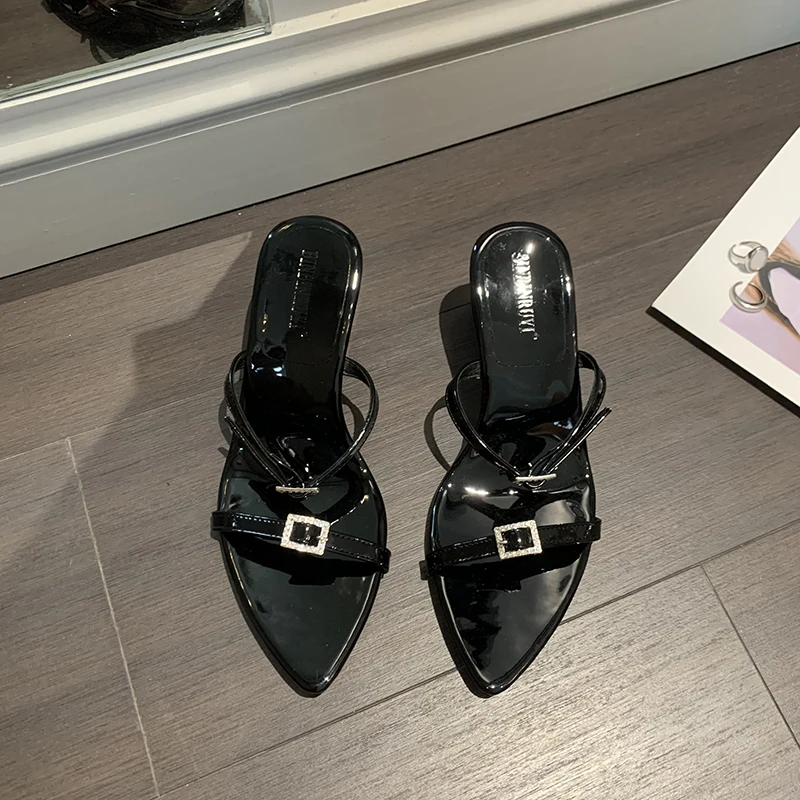 ZOOKERLIN Pointed Patent Leather Flip Flops Wedges Women's Slippers Solid Color Simple Summer Beach Slides Muller Shoes Clip Toe