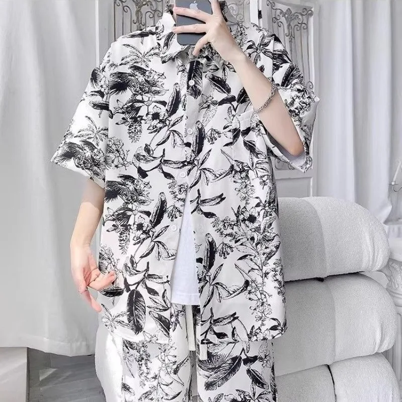 

Men's Summer Casual Two Piece Set Ink Wash Painting Chinese Style Trendy Brand Cool Edgy Loose Fit Short Sleeve Shirt And Shorts