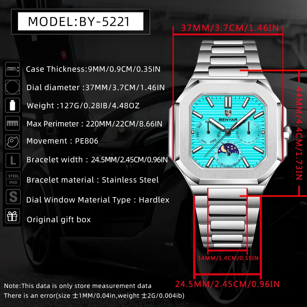 BENYAR 2026 New Top PE806 Square Moonphase Wristwatch Classic Luxury Mens Quartz Watch Sapphire Glass Stainless Steel BY5221