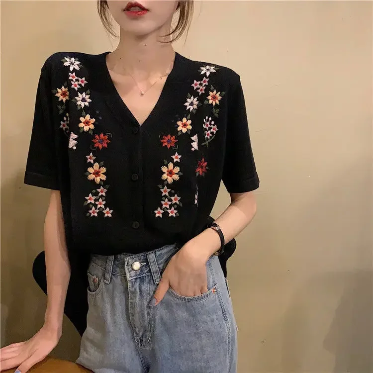 Cárdigan de punto bordado con cuello en V para Mujer, Top corto, Camisetas de verano