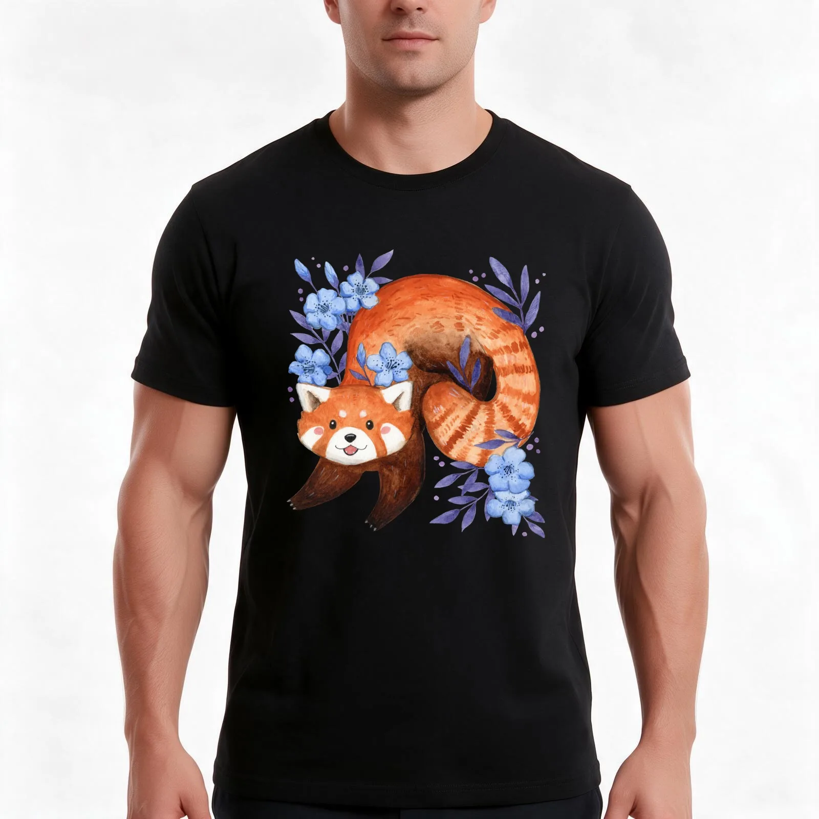 Red panda & floral blue T-Shirt, Summer Casual Cotton Tee, Oversized Streetwear Tops, Vintage Graphic Print, Unisex Men Women