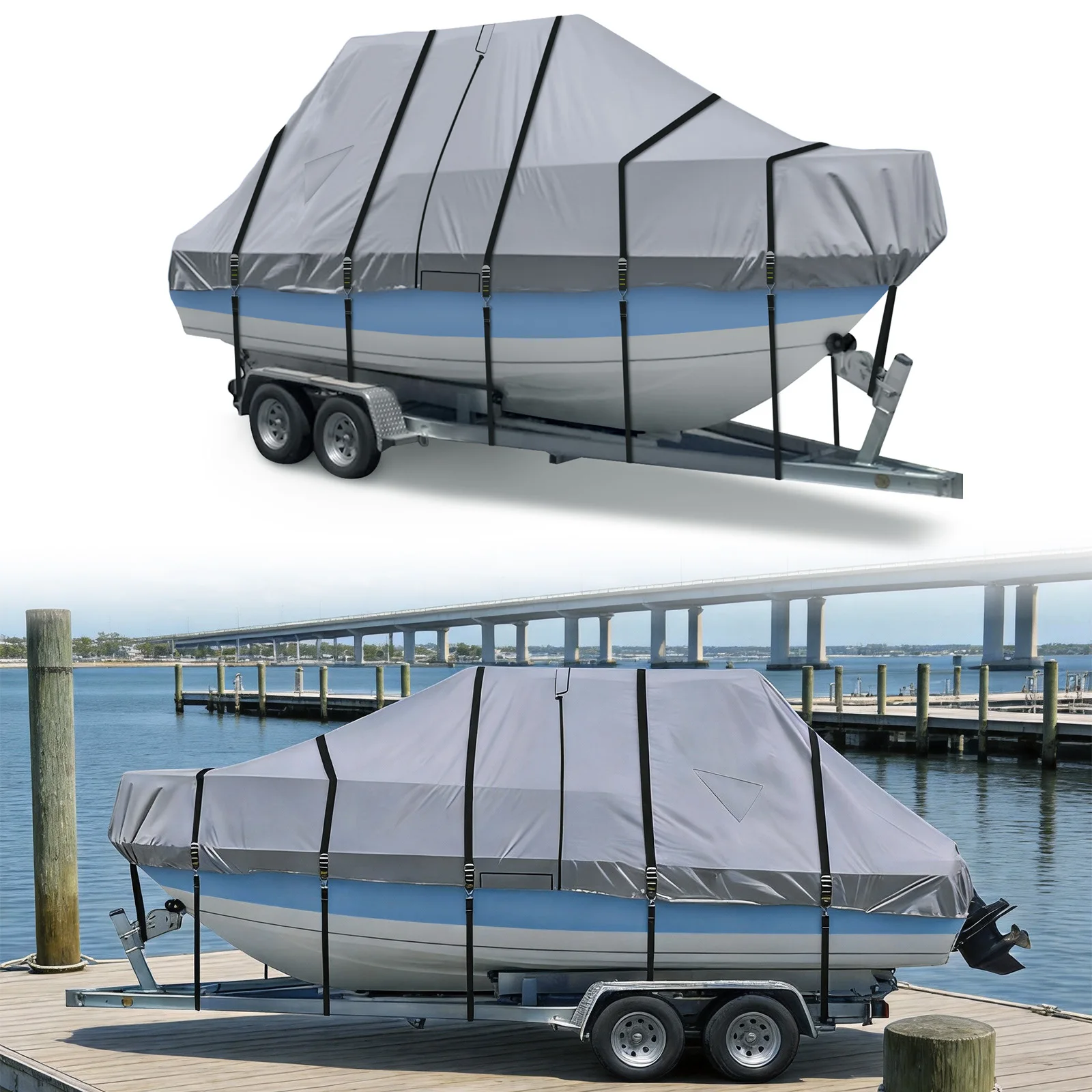 

1200D Trailerable Center Console Boats Covers with Motor Covering & Adjustable Buckle with 18 Tie Down Strap For Protecting Roof