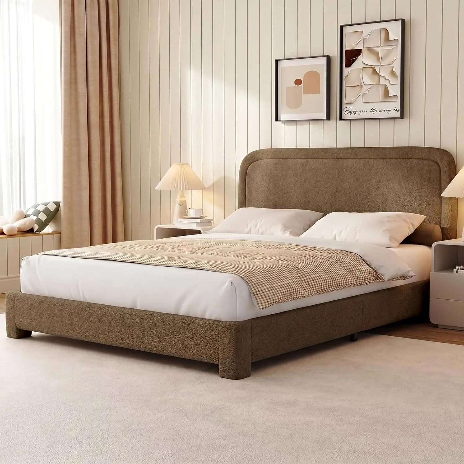 Queen Size Boucle Bed Frame, Upholstered Cloud Bed Frame with Adjustable Headboard, Soft Rounded Corners, No Box Spring