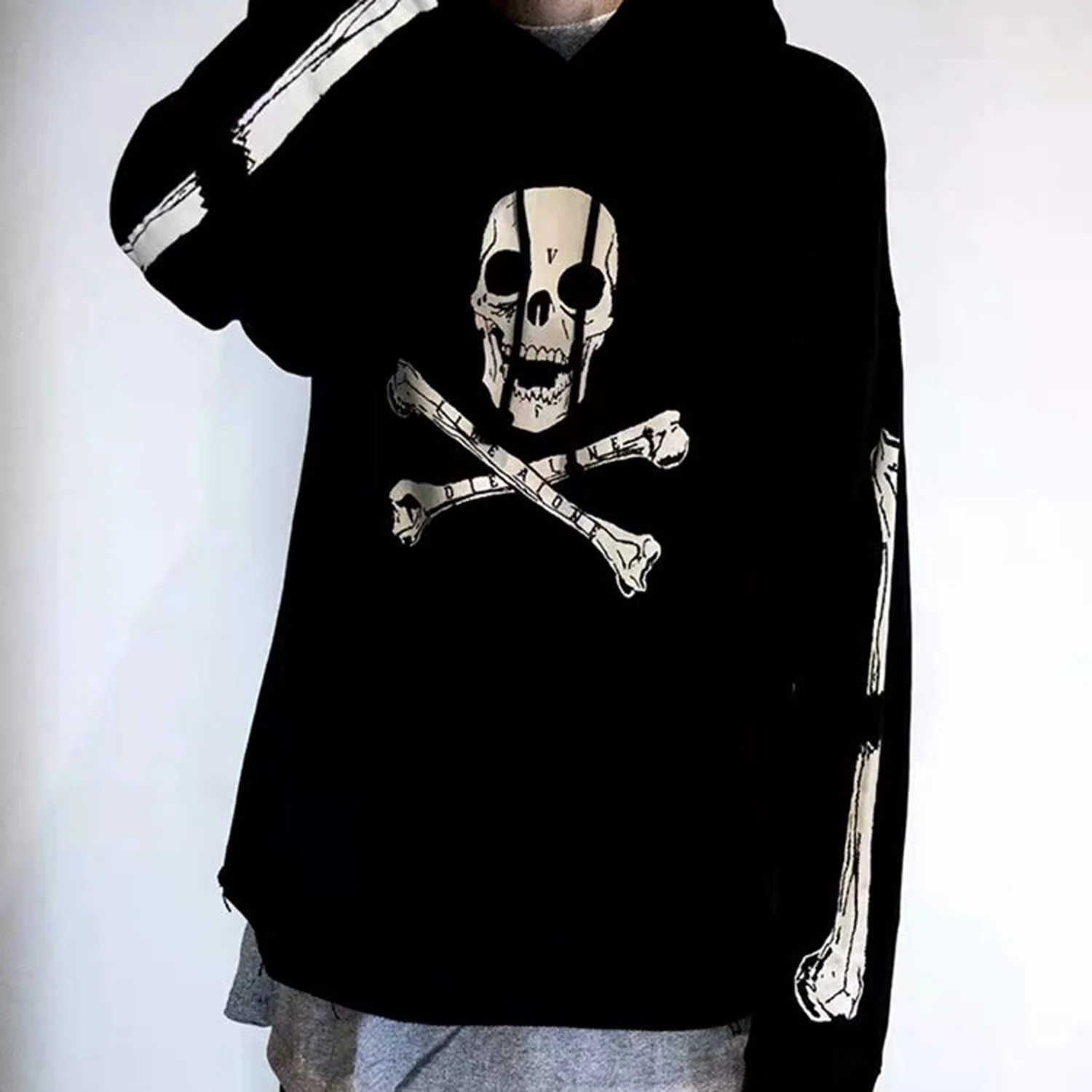 VLONE POP UP Halloween Limited Skull Bones Big V Hooded Thin Pullover Oversize 3D Printed Vintage Hoodie Trend Men's Women's Top