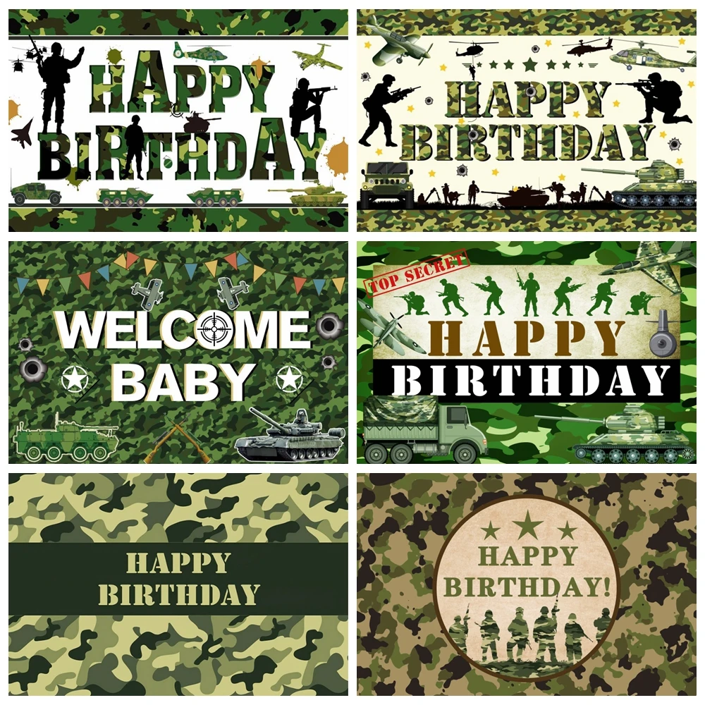 

Happy Birthday Military Theme Backdrop Army Soldier Camouflage Airplane Tank Car Baby Birthday Portrait Photography Background