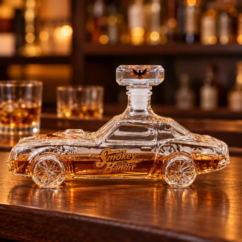 Vintage Muscle Car Glass Whiskey Decanter Smokey and the Bandit Inspired Liquor Bottle for Home Bar Decor and Collectors Gift