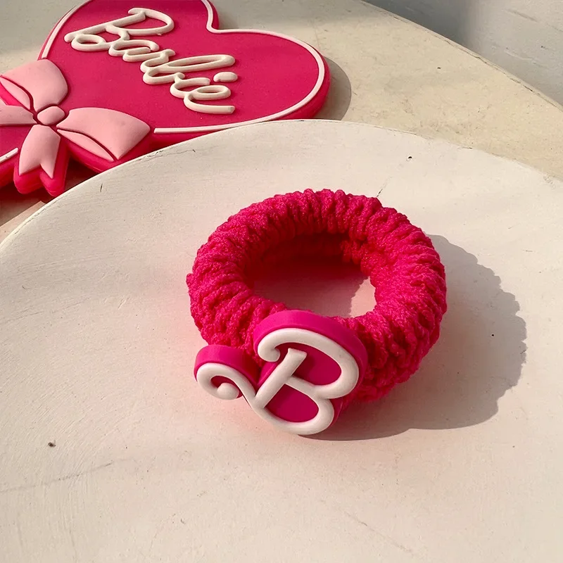 Barbie Girl Rose Pink Towel Hair Band Simple Letters Ins Y2k Girls Kawaii Doll Bold High Elastic Hair Accessories for Women Toy