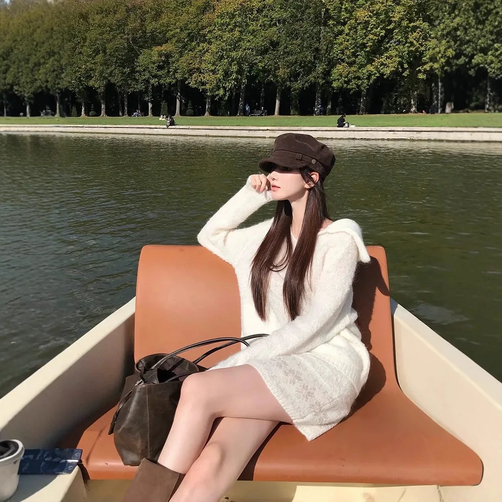 

Women's Knitted Woolen Skirt Set Loose Collar Island Sle Casual Sportswear Autumn Faion Simple Design f-length Skirt