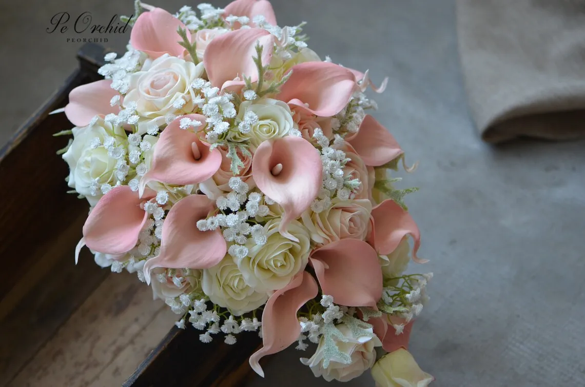 PEORCHID Blush Peach Cascading Wedding Flower Bridal Bouquet Rustic Roses Calla Lily Baby's Breath Artificial Waterfall Bouquet