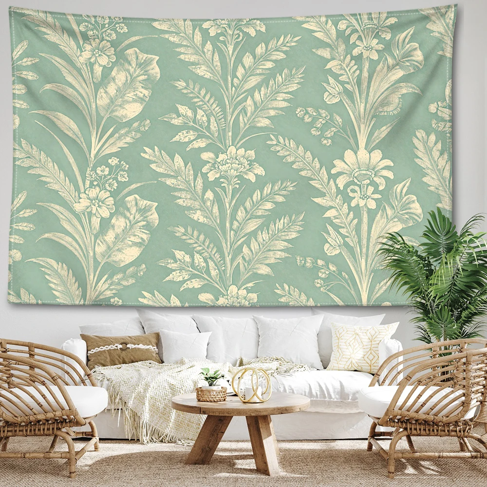 Light Green Fern Floral Repeat Printed Tapestry Wall Hanging Bohemian Style Bedroom Home Decor