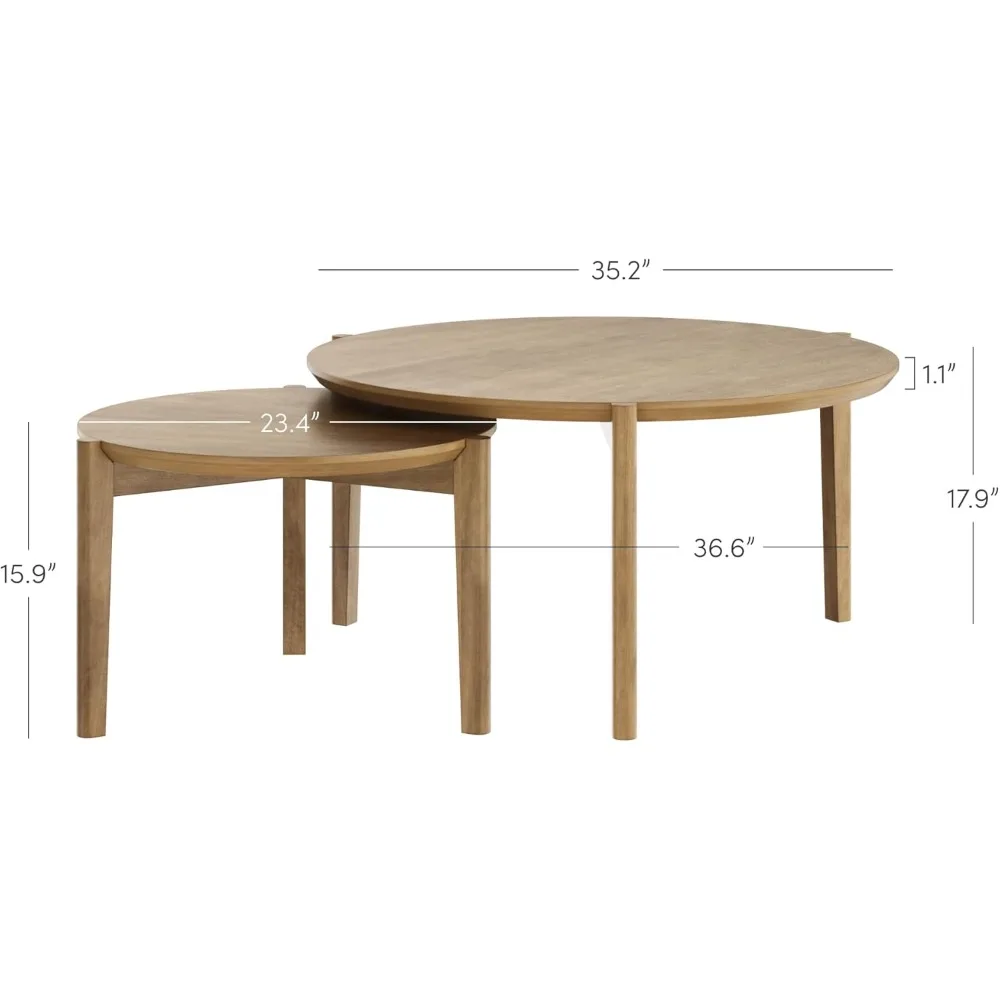 Kendall Round Modern Nesting Coffee Set Of 2, Stacking Living Room Accent Tables, Light Brown