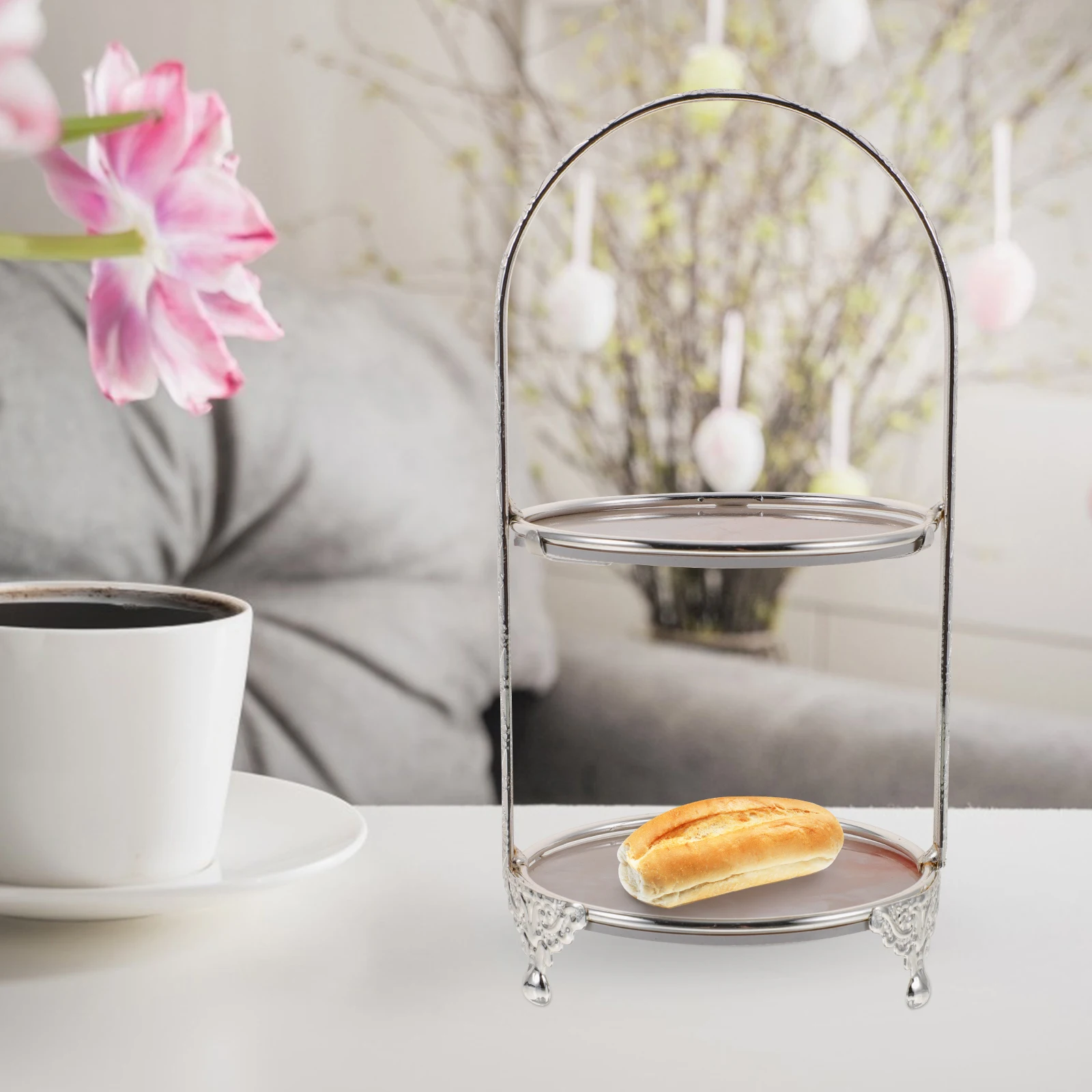 

Portable Iron Cake Stand Silver Double Tier Multi Layer Dessert Tray Wedding Birthday Event Display