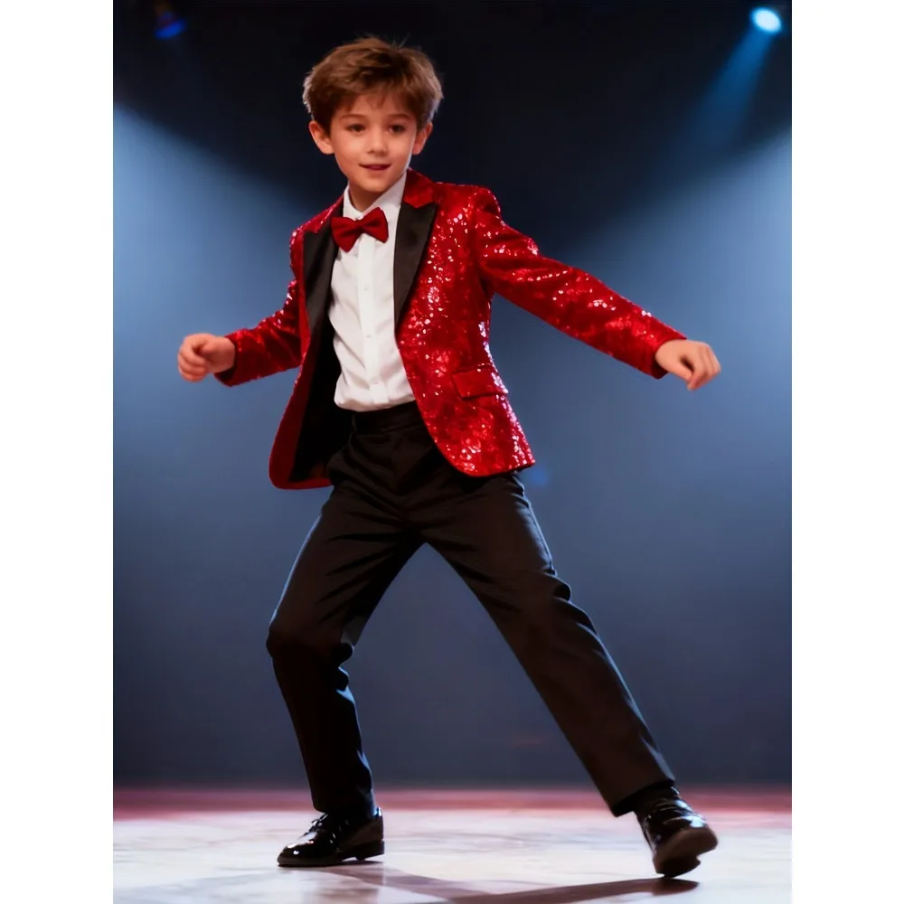 

4-piece Tween Boy Boys' Red Sequin Formal Suit Set: Red Sequin Black Lapel Suit + Red Bow Tie + White Shirt + Black Trousers. No