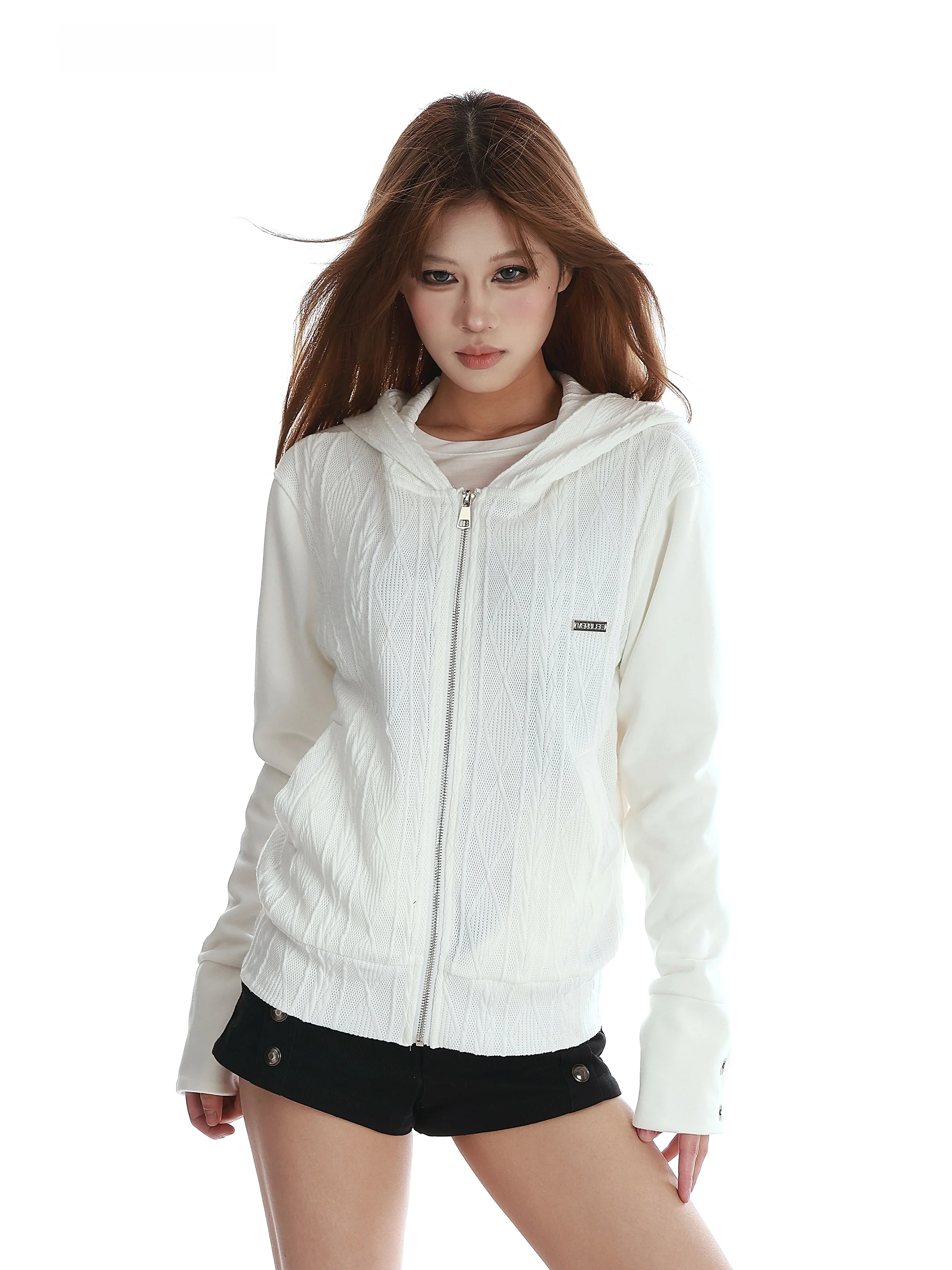 

VINMUK Американский стиль: короткий вязаный кардиган-пальто, женская весенняя модная толстовка с капюшоном на молнии, мягкая повседневная модель с длинными рукавами