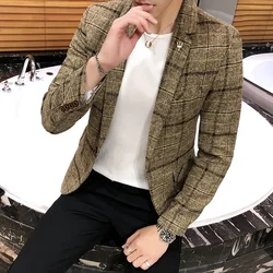 Spring and Autumn New Boutique Japanese Style Print Stand Collar Mens Casual Jacket Slim Male Coat Male Plaid Suit Jacket Blazer