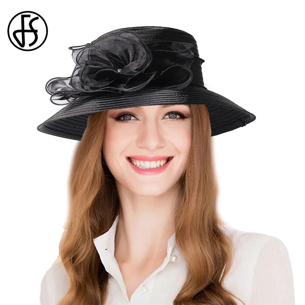 FS Outdoor Female Wide Brim Sun Hats For Women Floppy Beach Cap Ladies Elegant Flower Wedding Bride Church Fedoras 2024 New