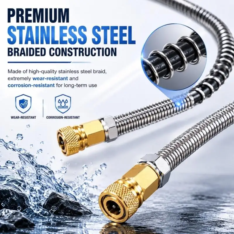 304 Steel Mesh Air Transfer Hose with 10 mm x 1.0 Threading, Detachable Ends, Polyamide-PTFE Inner Tube, and Protective D2RD
