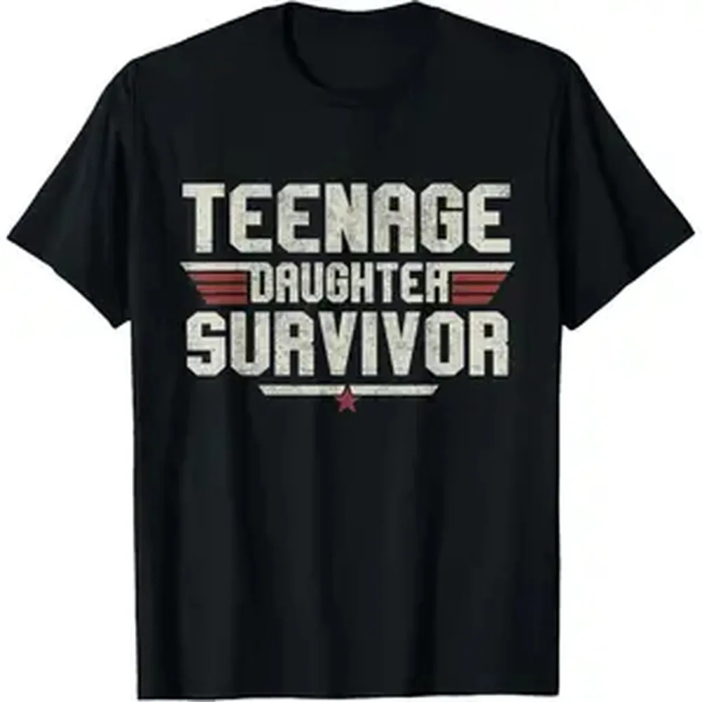 Funny Graphic T-Shirt for Parents, Vintage 'Teenager Survivor' Loose Fit Crewneck Top in Soft Smooth Cotton Fabric