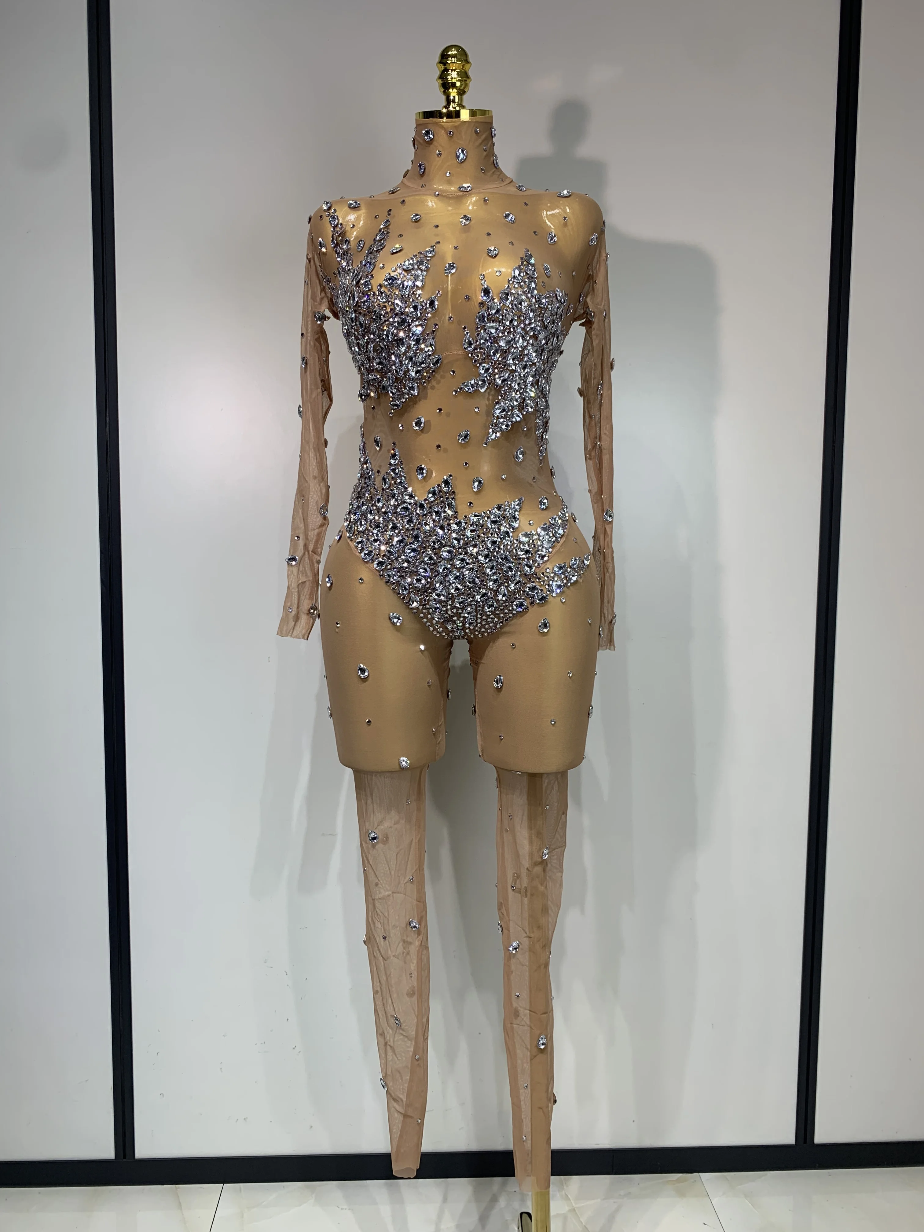 Mono ajustado transparente de malla con diamantes de imitación brillantes para mujer, disfraz de escenario actuación, fiesta en club nocturno, traje de cumpleaños de lujo