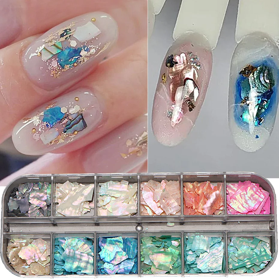 12 siatka brokat płatki muszli Abalone do zdobienia paznokci dekoracje 3D Charms wiosenne letnie plastry DIY Manicure błyskotka akcesoria — zdjęcie 4