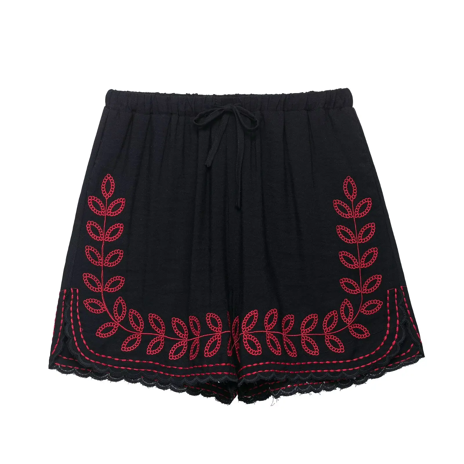 ZEVITY Women Fashion Red Leaves Embroidery Lace Edge Shorts Lady Elastic Waist Pockets Hot Shorts Chic Pantalone Cortos QUN9291