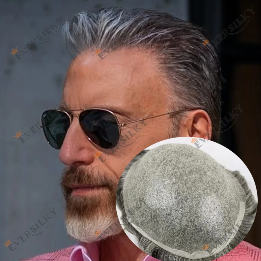 

80% плотность, супер натуральная линия волос, 0,02 мм, самая тонкая кожа, незаметный мужской парик Vloop 1b65 # Протез из человеческих волос белого и серого цвета 550