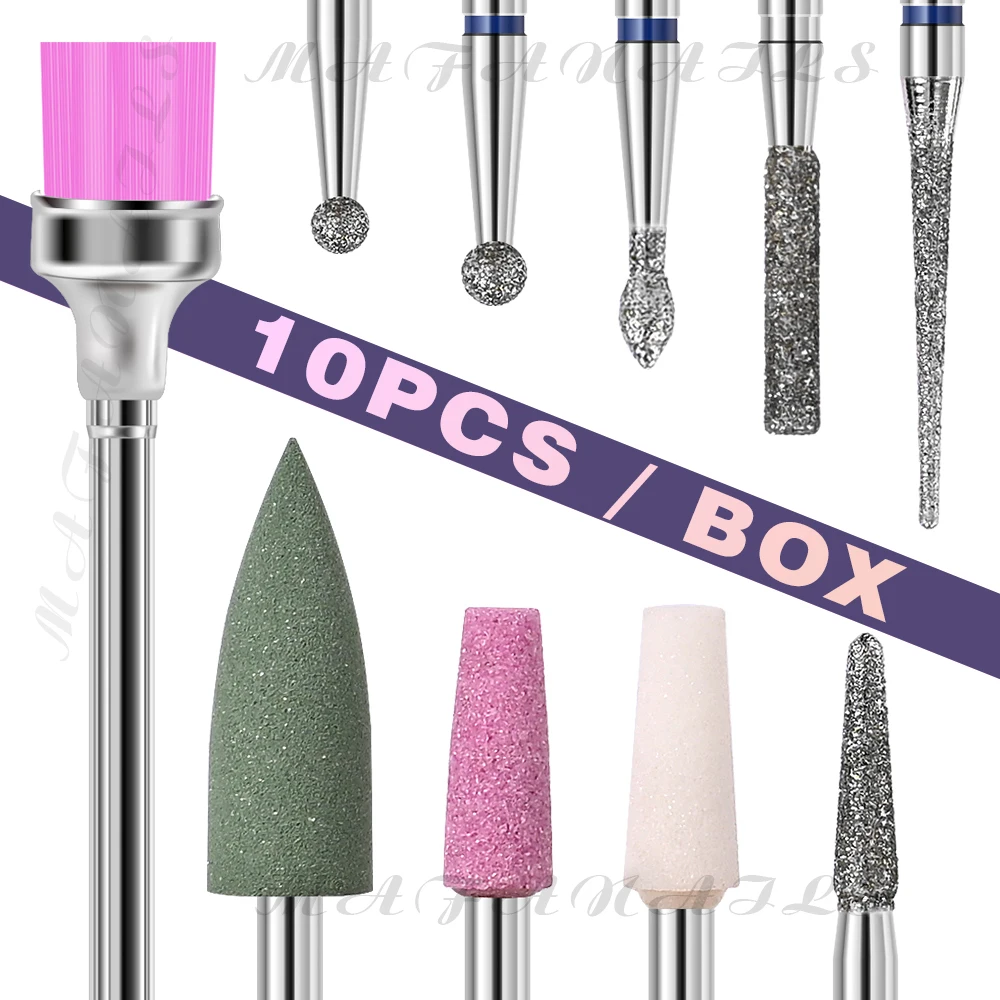 Conjunto de brocas para unhas em caixa de 10 peças: broca profissional de carboneto de tungstênio para unhas em gel acrílico polimento ferramentas removedor de cutícula