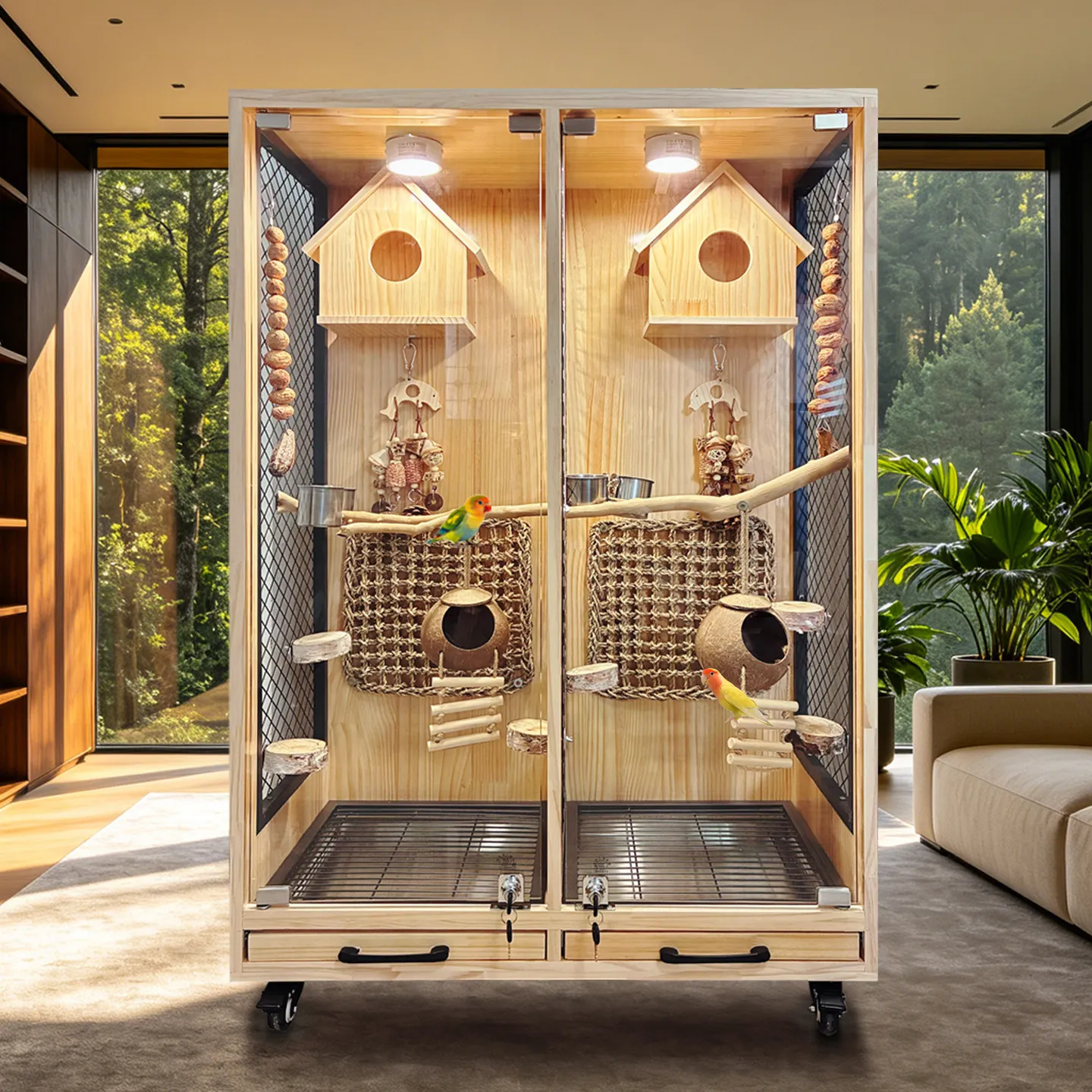 Parrot birdcage villa panoramic luxury solid wood Vajra Xuanfeng Monk tiger skin large splash-proof small sun