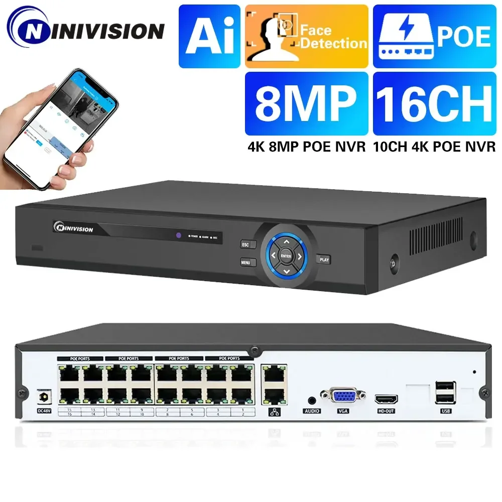 

4K 16CH POE NVR H.265+ Surveillance Security Video Recorder For POE IP CCTV Camera 5MP/8MP Face Detection 48V 802.3af 2.4 Xmeye