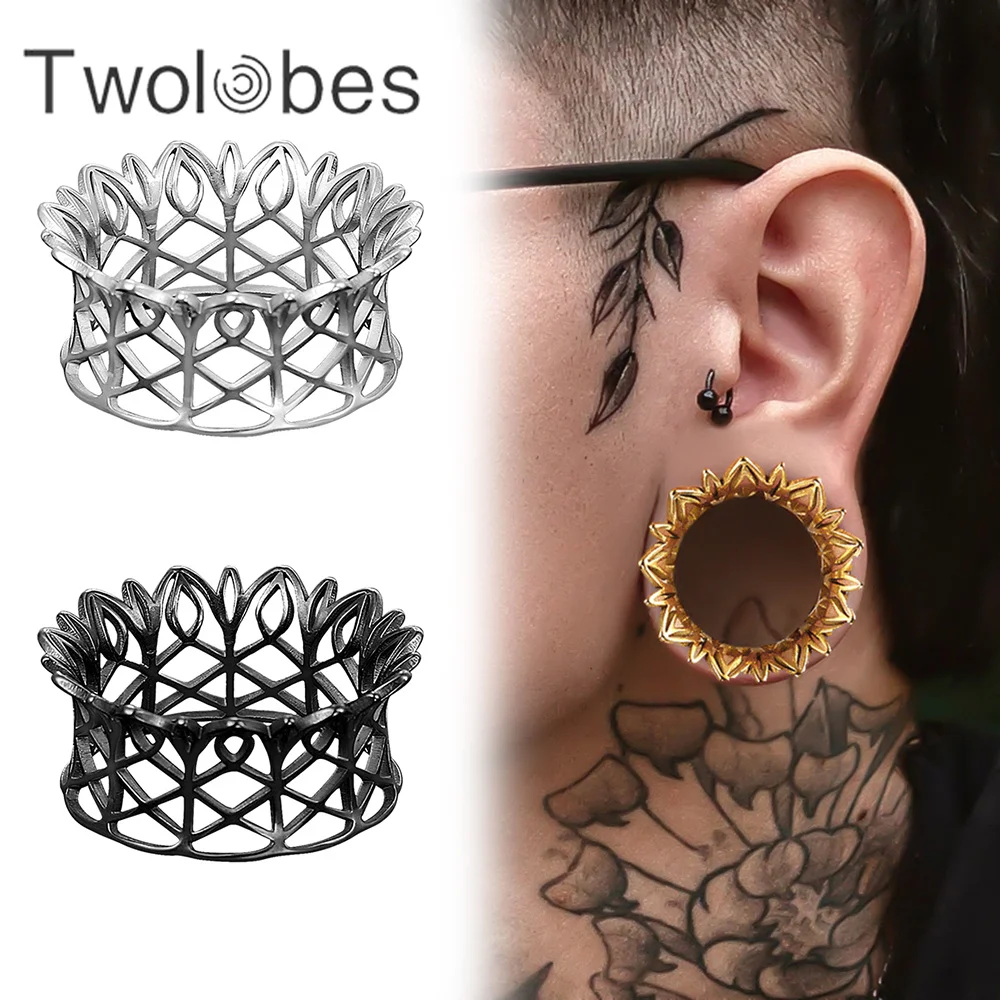 Twolobes 2PCS New Hollow Out Breathing  Ear Gauges Tunnels Plugs 316 Stainless Steel Piercing  Women Body Jewelry Summer