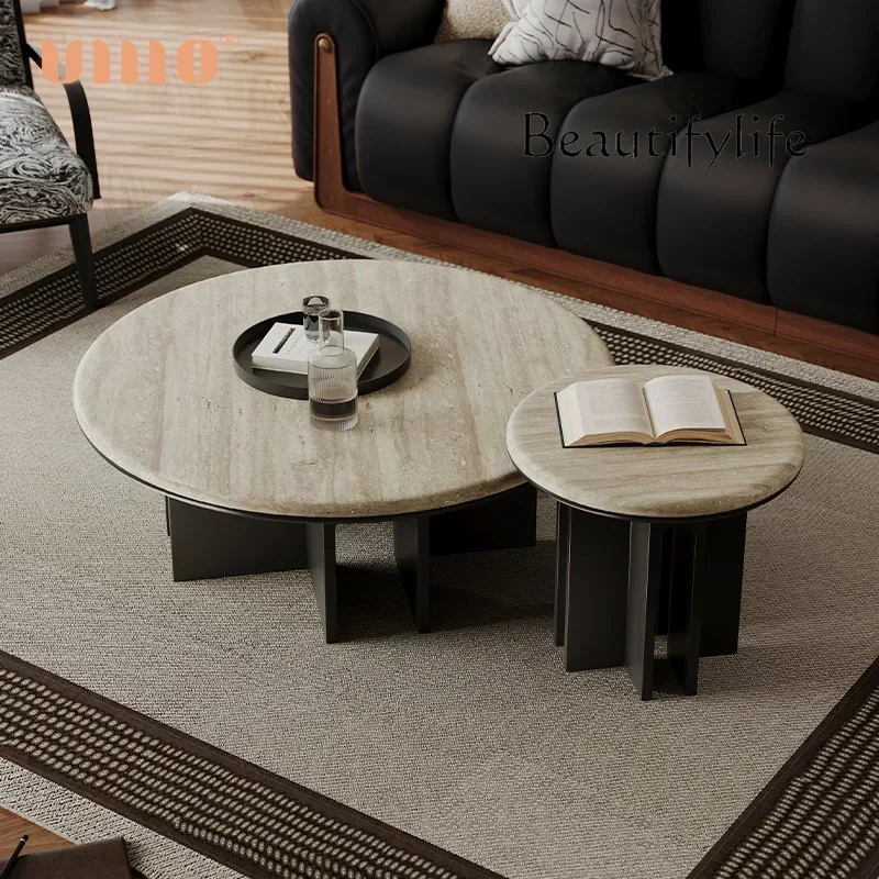 French Cream Style Natural Cave Stone Tea Table Small Apartment Living Room Creative round Combination