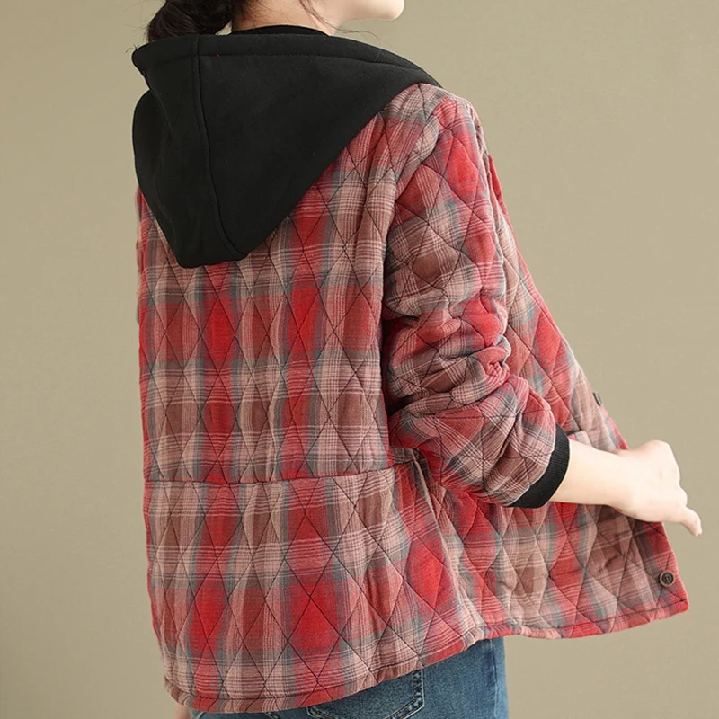 2024 New Autumn Winter Women Jackets Vintage Plaid Hooded Female Quilted Coat Thick Warm Office Lady Short Outerwear Parkas