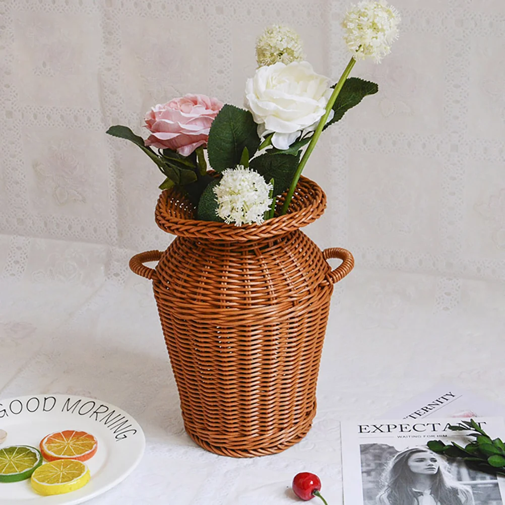 Brown Fake Flowers Rattan Hamper Imitation Vase Basket Storage Container Terrarium