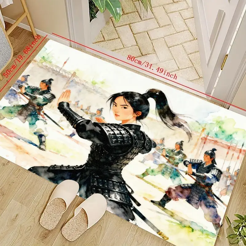 

1PC Ancient Warrior Girl Floor Mat, Mulan Inspired Fantasy Watercolor Art Area Rug, Anime Manga Style Non-Slip Decorative Carpet