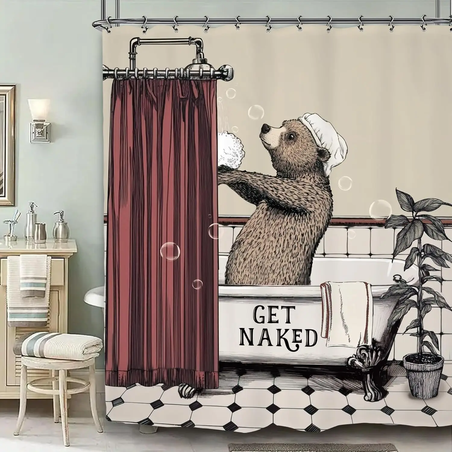 

Funny Bear Vintage Shower Curtain, Hilarious Rustic Farmhouse Bathroom Decor, Waterproof Polyester
