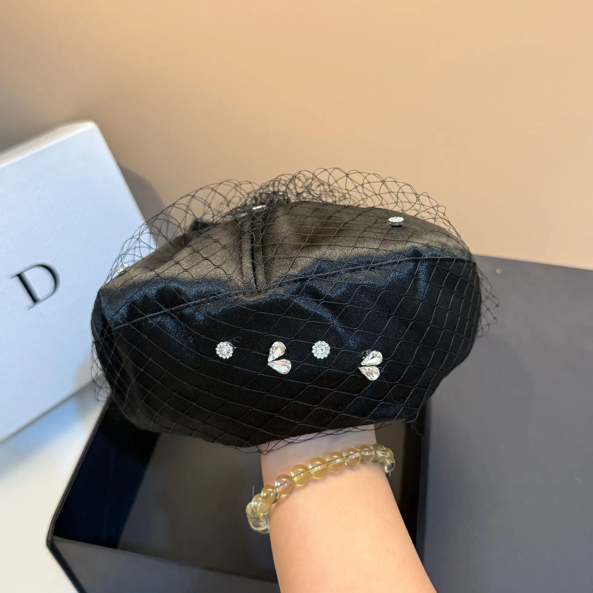 

Fascinating Mesh Veil PU Leather Beret Luxury Rhinestone Women's French Painter Hats Pumpkin Hat All-month Female Berets Caps