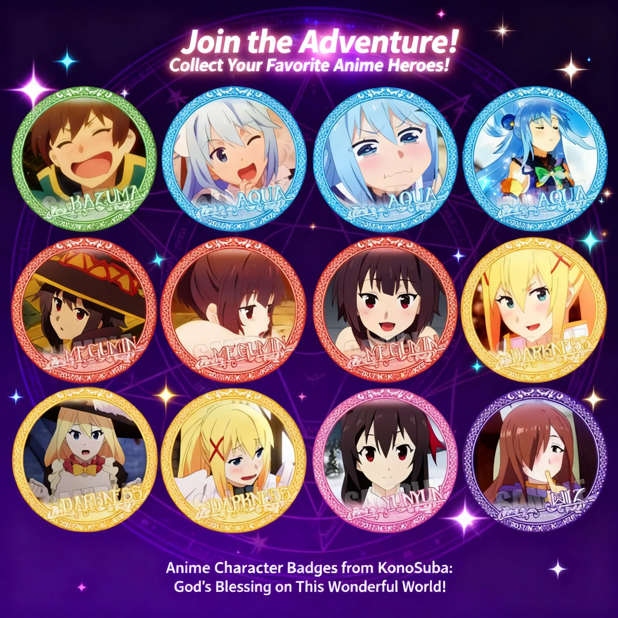 

Аниме-значок с персонажами KonoSuba: Аква, Мегумин, Даркнес. Брошь-значок по мотивам Kono Subarashii Sekai ni Shukufuku wo.