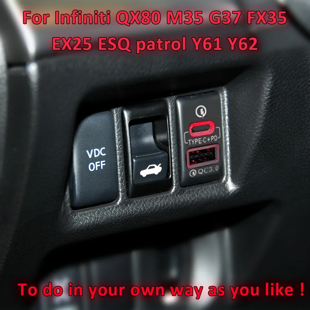 

Car USB Adapter Fast Charging Type-C PD Socket for Infiniti Q70 Q50 QX60 QX80 Patrol Y61 Y62 M35 EX25 Interior Replacement Parts