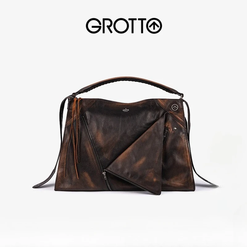 

GROTTO Fashion 2025 New Brown Lapel Bag Genuine Leather Retro Large Capacity Commuter Handbag Shoulder Bag Crossbody Bag