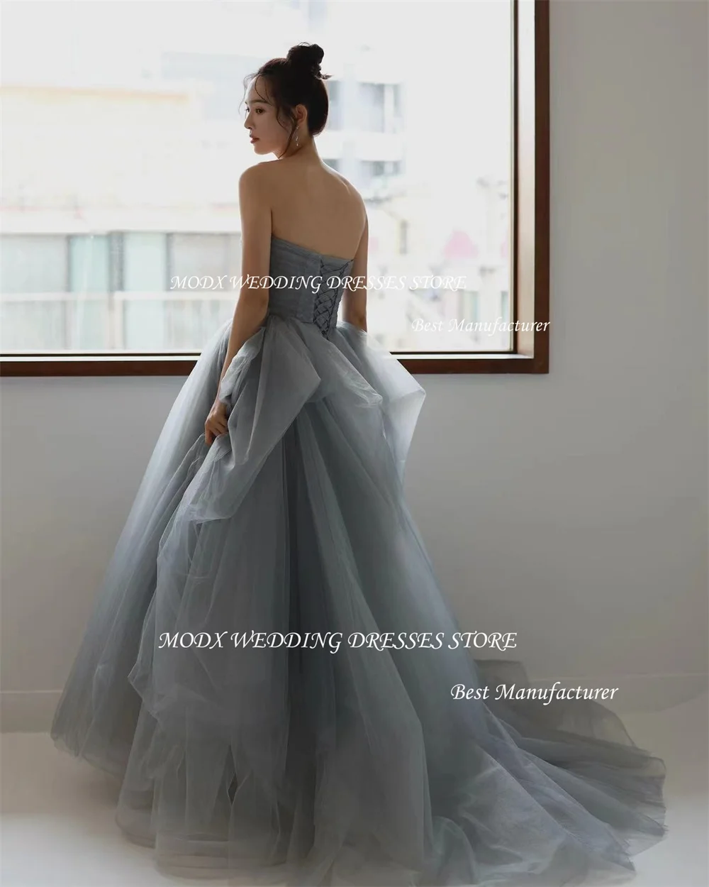 MODX Sierlijke Tule Korea Trouwjurken Fotoshoot Strapless A-lijn Vloerlengte Plooi Prinses Avondfeest Jurken Corset