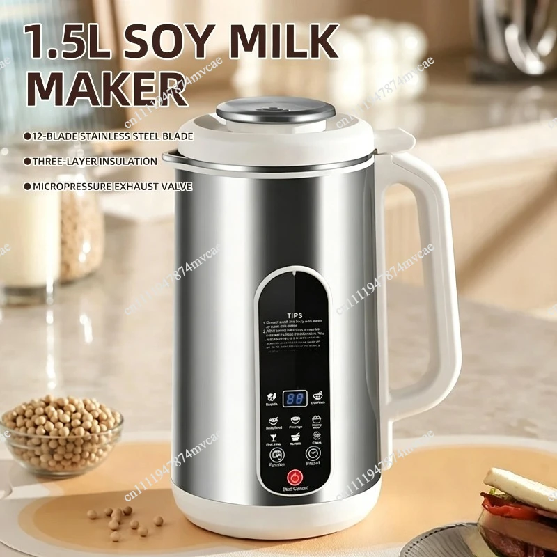 1.5L Soymilk Machine Bubble-Free Automatic Cleaning Blender High-Speed Mixer Stainless Steel Soybean Grinder