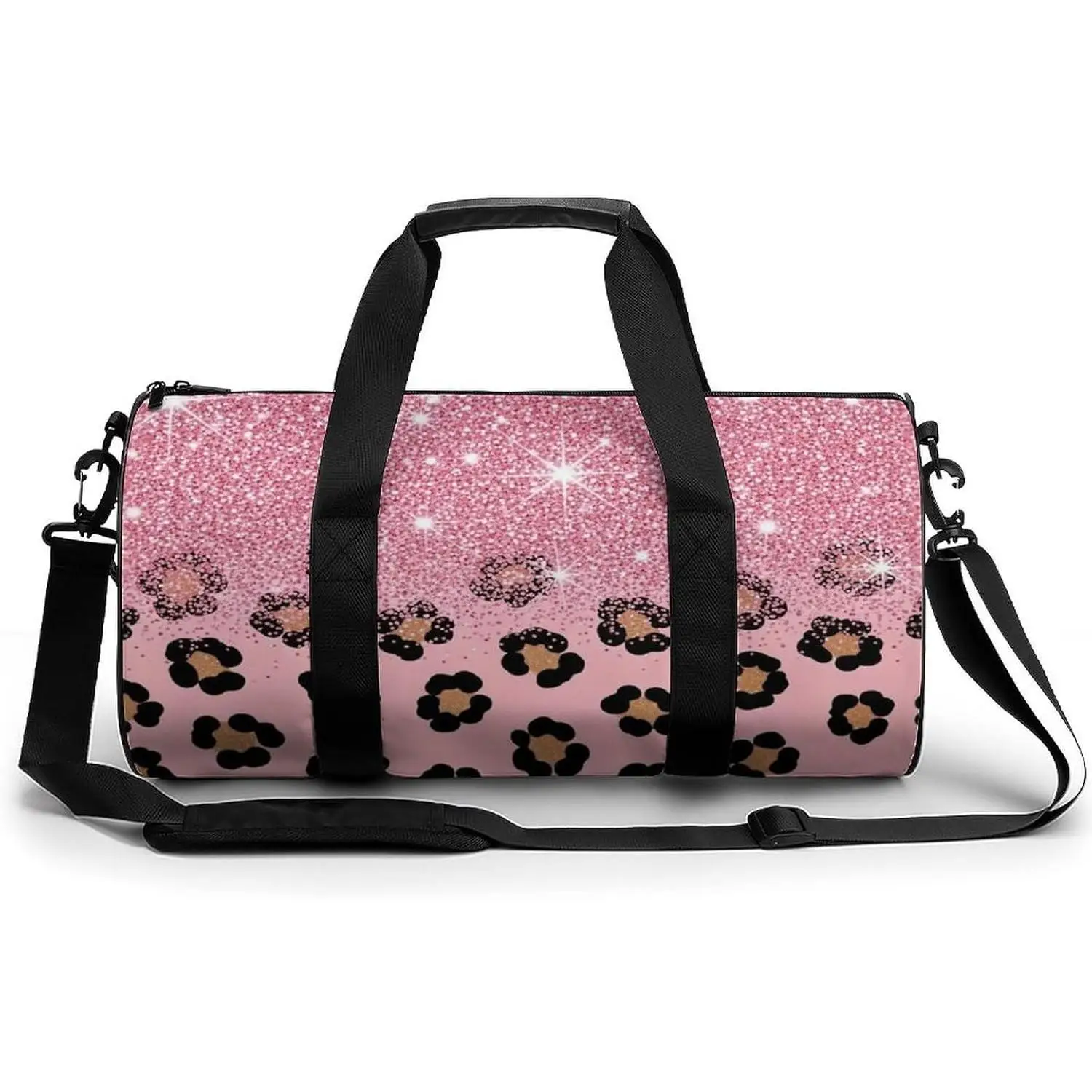 

Portable Overnight Weekender Handbag Pink Glitter Sparkles Cheetah Leopard Print Yoga Bags with Wet Pocket for Fitness Travel