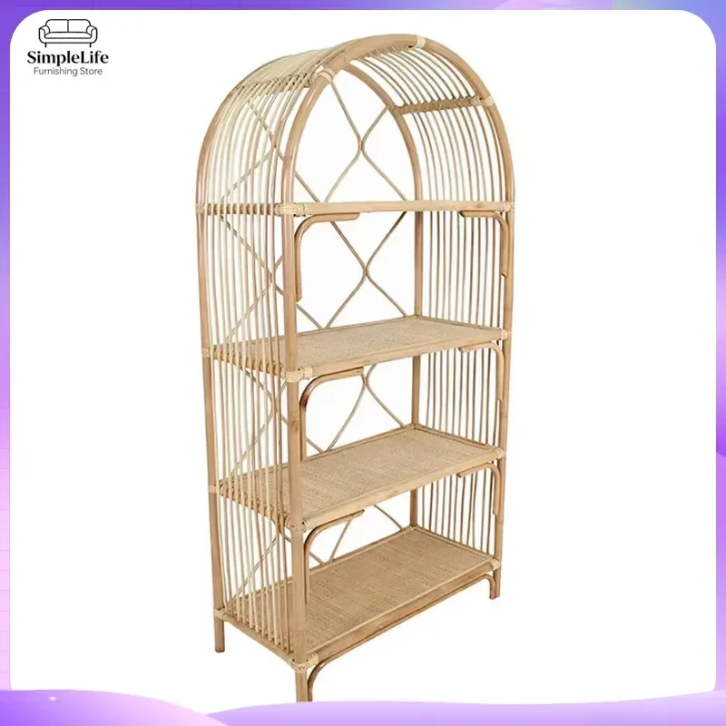 Natural Rattan Bookcase Modern Living Room Bookshelf Dining Room Storage Shelf Boho Bookcase Home Office Furniture Minimalist